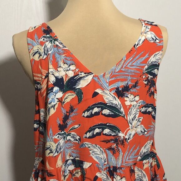 Loft Blouse Womens Small Red Navy Blue Floral Tiered Sleeveless Double V Neck - Picture 7 of 15